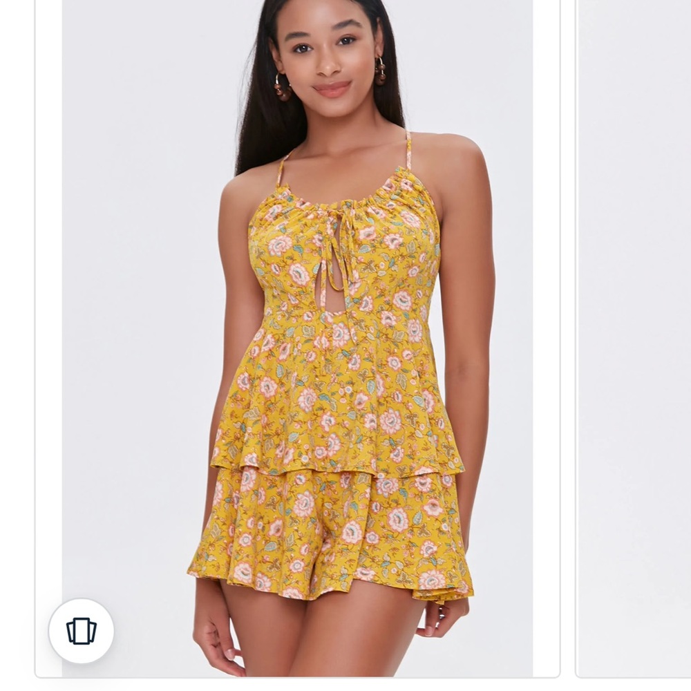 Forever 21 Yellow Floral Print Self Tie Cutout Romper Dress